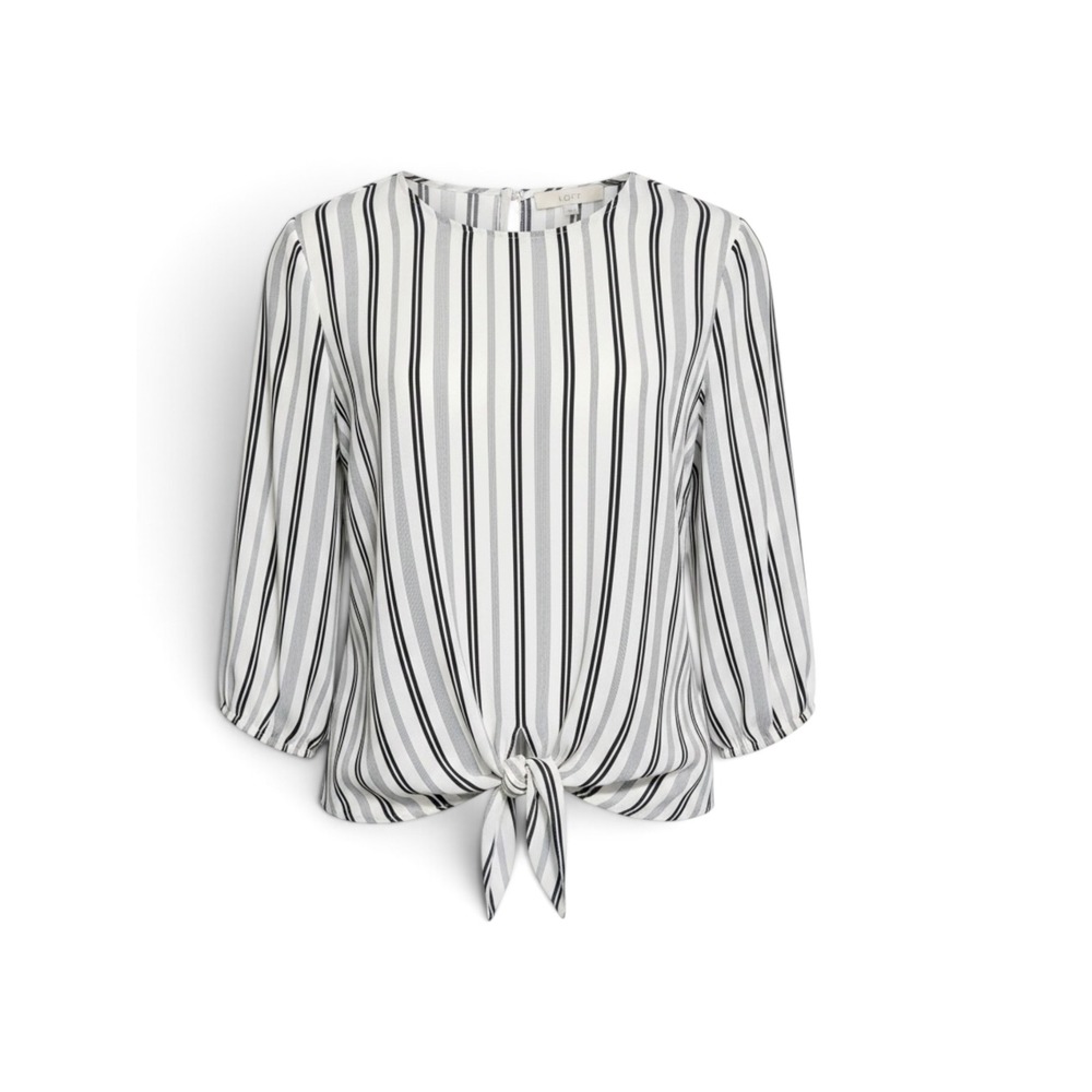 LOFT Womens Sz Medium Black White Navy Striped Tie Knot Front 3/4 Sleeve Blouse